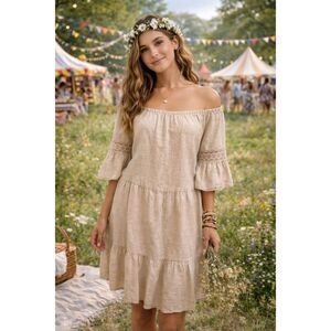 Terzo Millennio Italian Linen Vacation Resort Crochet Sleeve Midi Dress Size M